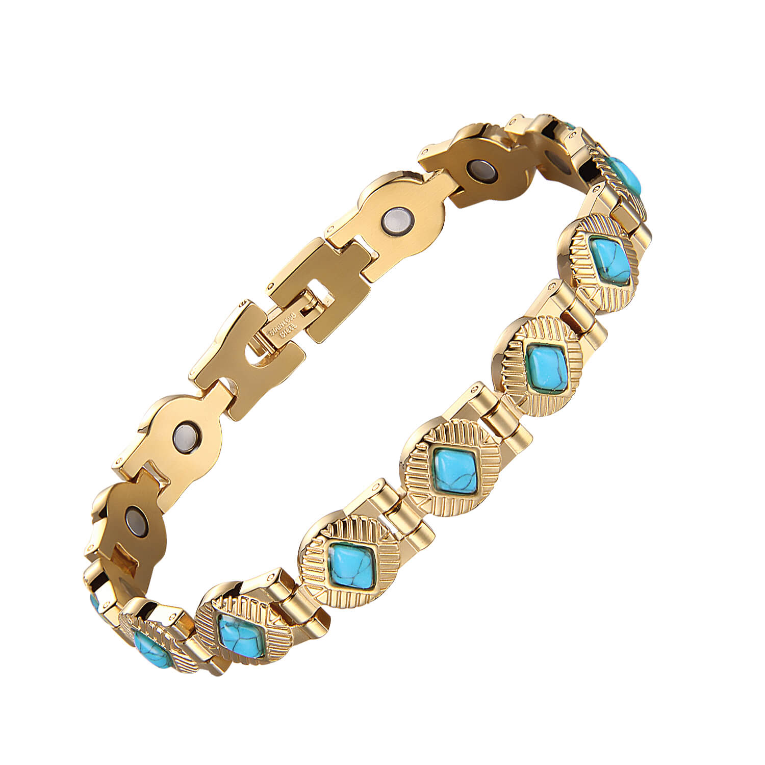 Ladies Magnetic Therapy Bracelet -Gold Tone Turquoise