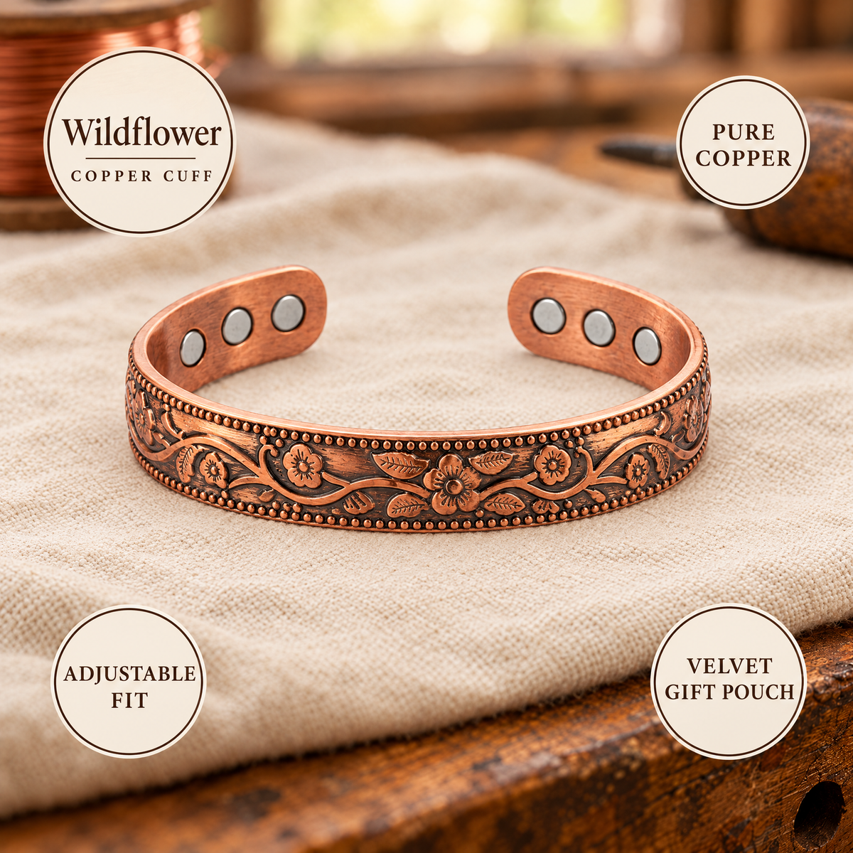 Wildflower Copper Cuff - pure copper, adjustable fit, velvet gift pouch