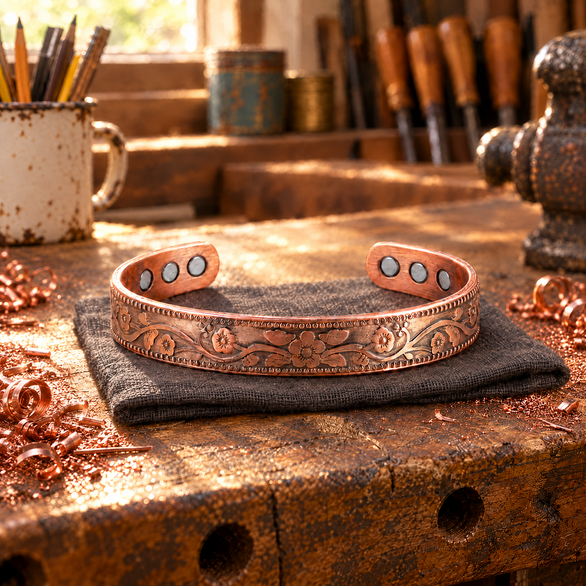 Wildflower Copper Cuff on a linen cloth at the workbench