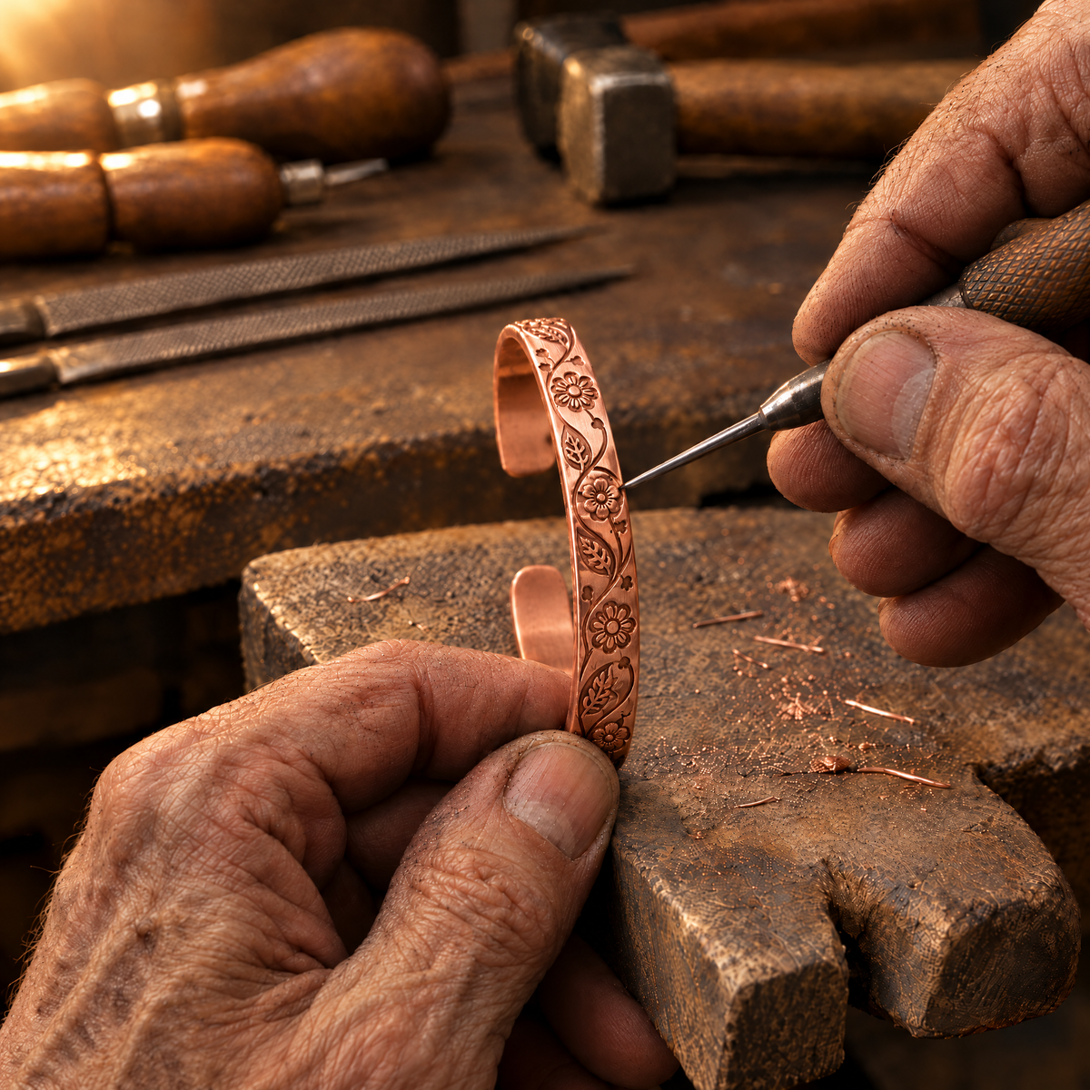 Posy Copper Cuff at the jeweller's workbench