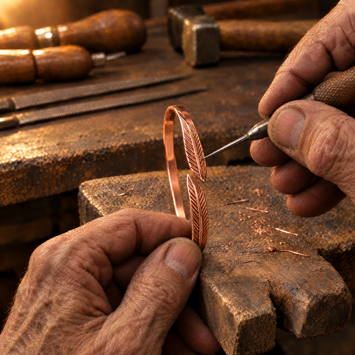 Arrow Copper Cuff at the jeweller's workbench
