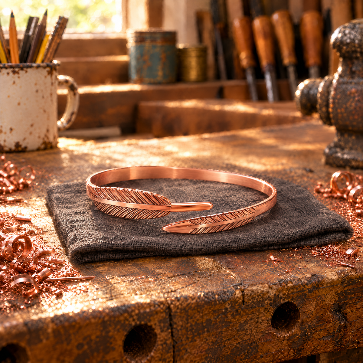 Arrow Copper Cuff on a linen cloth at the workbench