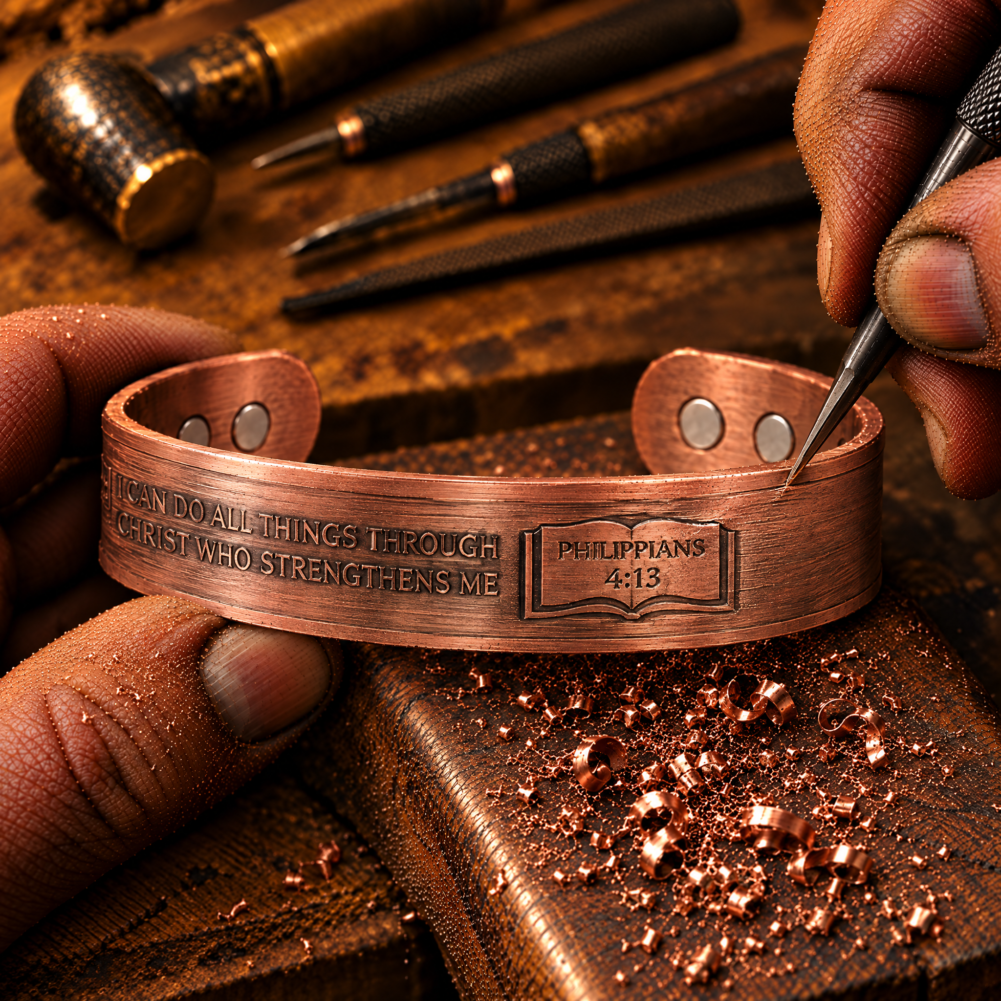 Willis Judd Mens Copper Bangle Philippians 4:13 verse