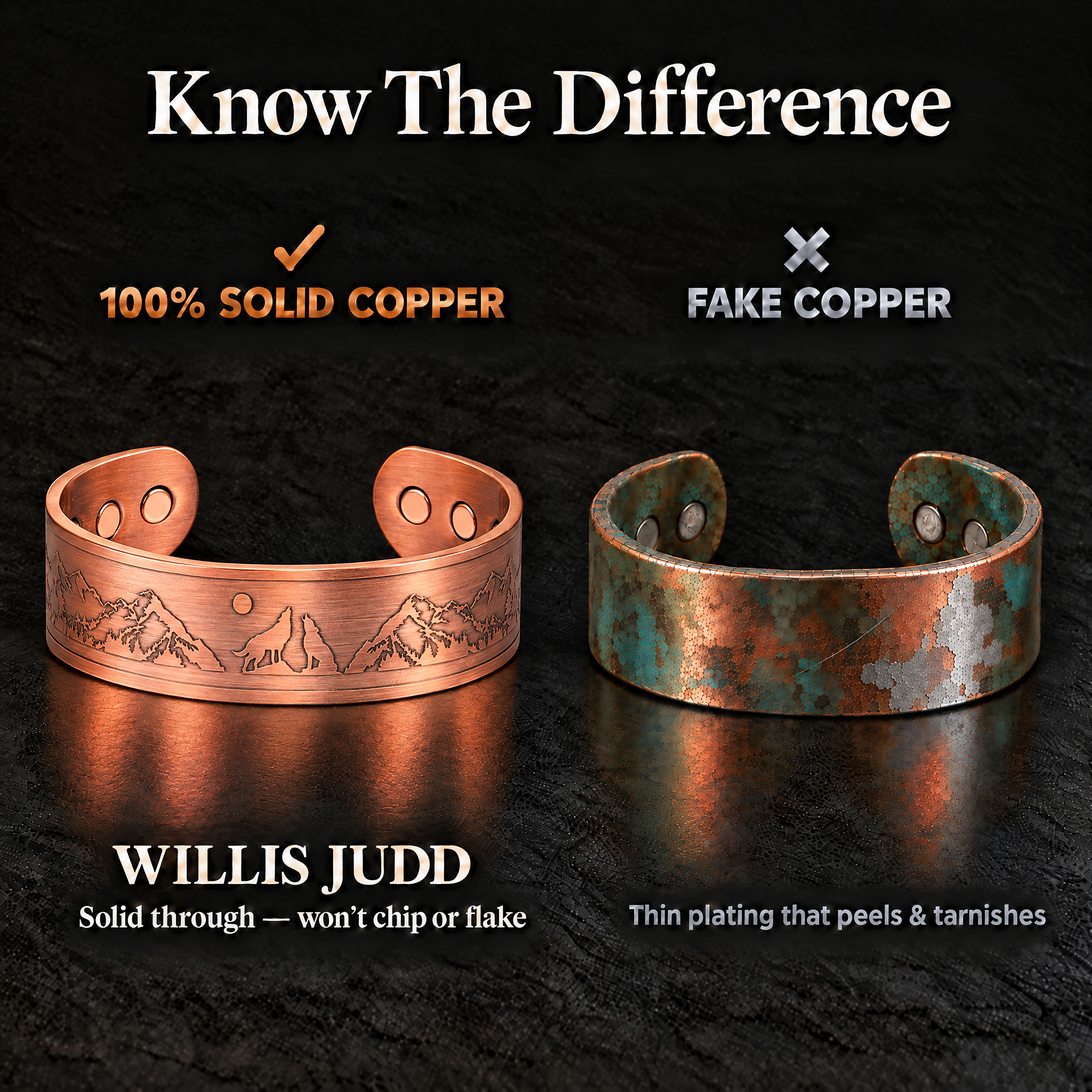 Willis Judd Mens Copper Bangle Wolf Bracelet Howling Wolves With Full Moon Wildlife Design