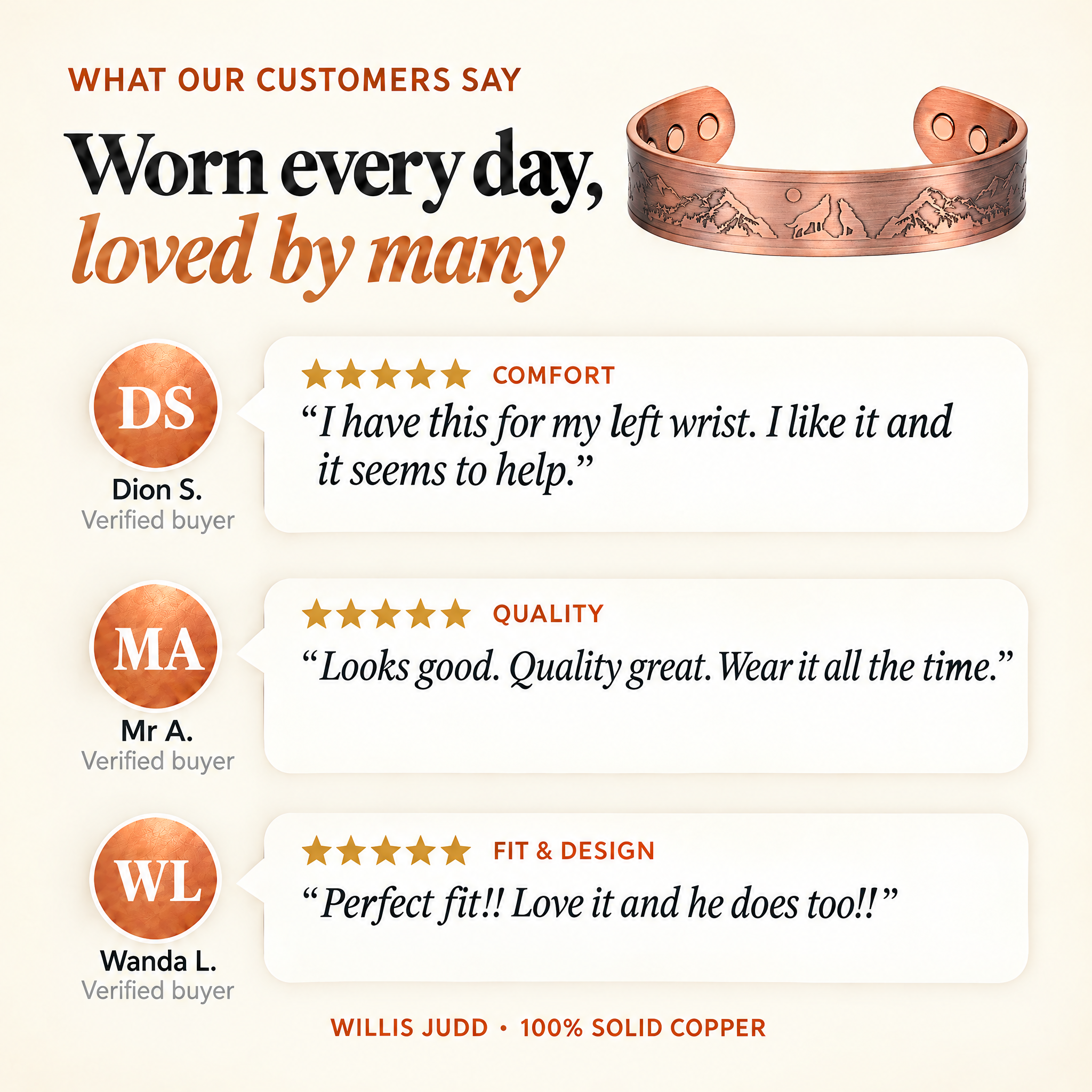 Willis Judd Mens Copper Bangle Wolf Bracelet Howling Wolves With Full Moon Wildlife Design