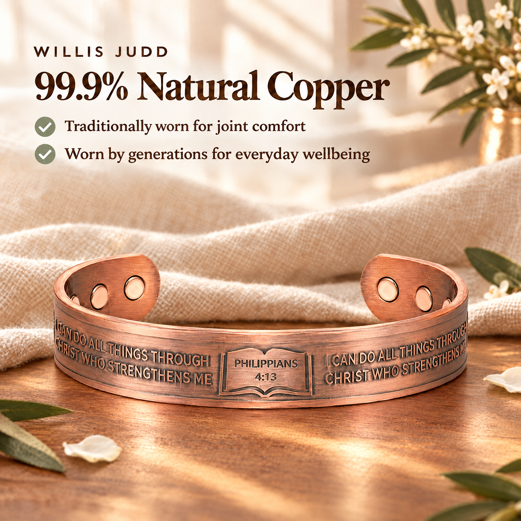 Willis Judd Ladies / Mens Copper Bangle Philippians 4:13