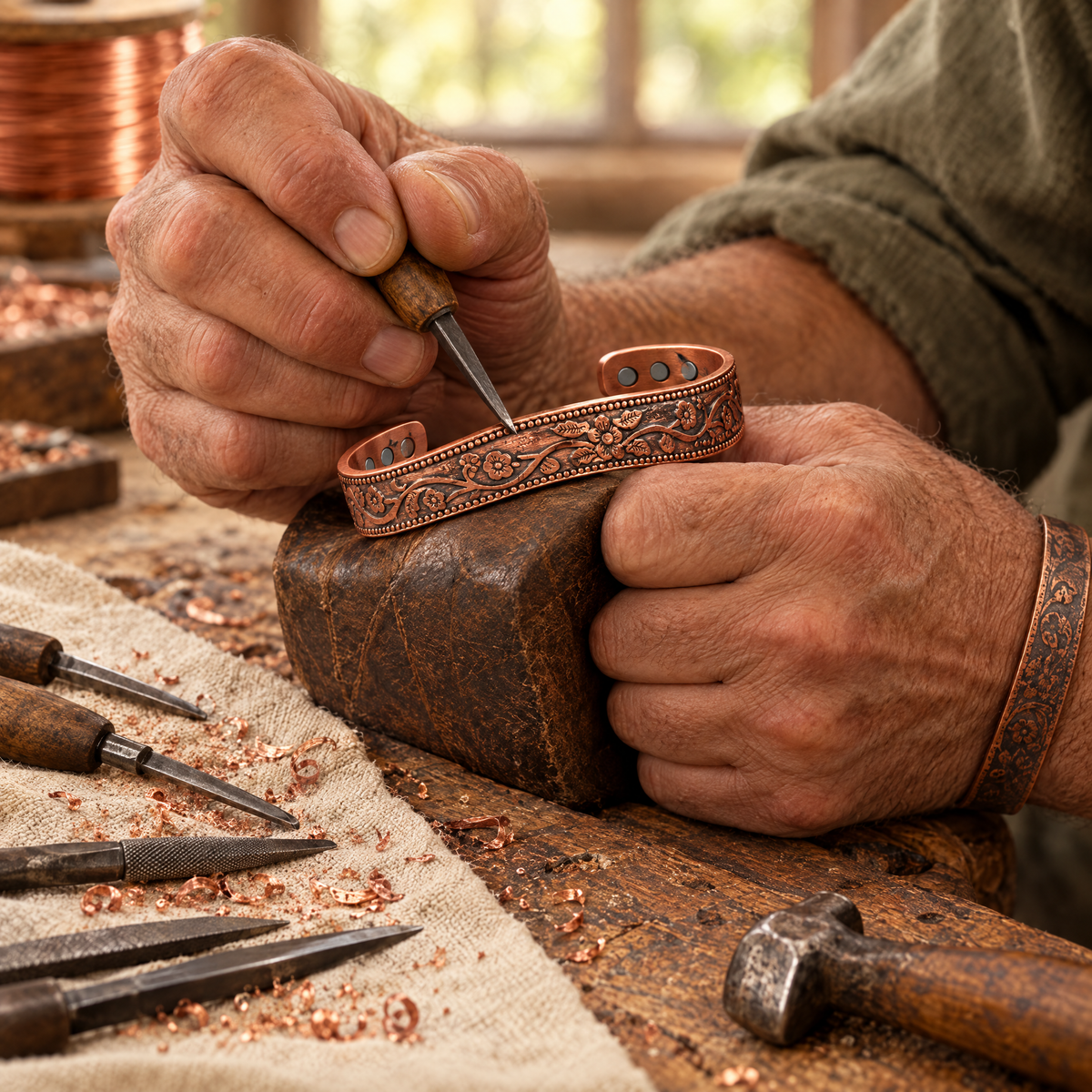 Wildflower Copper Cuff being made by hand at the workbench
