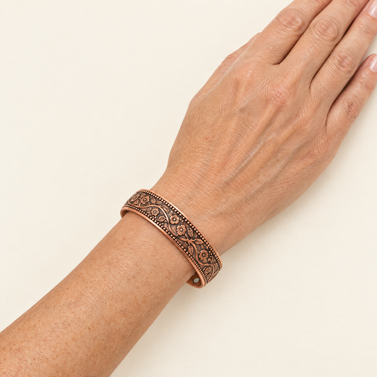 Wildflower Copper Cuff size on the wrist