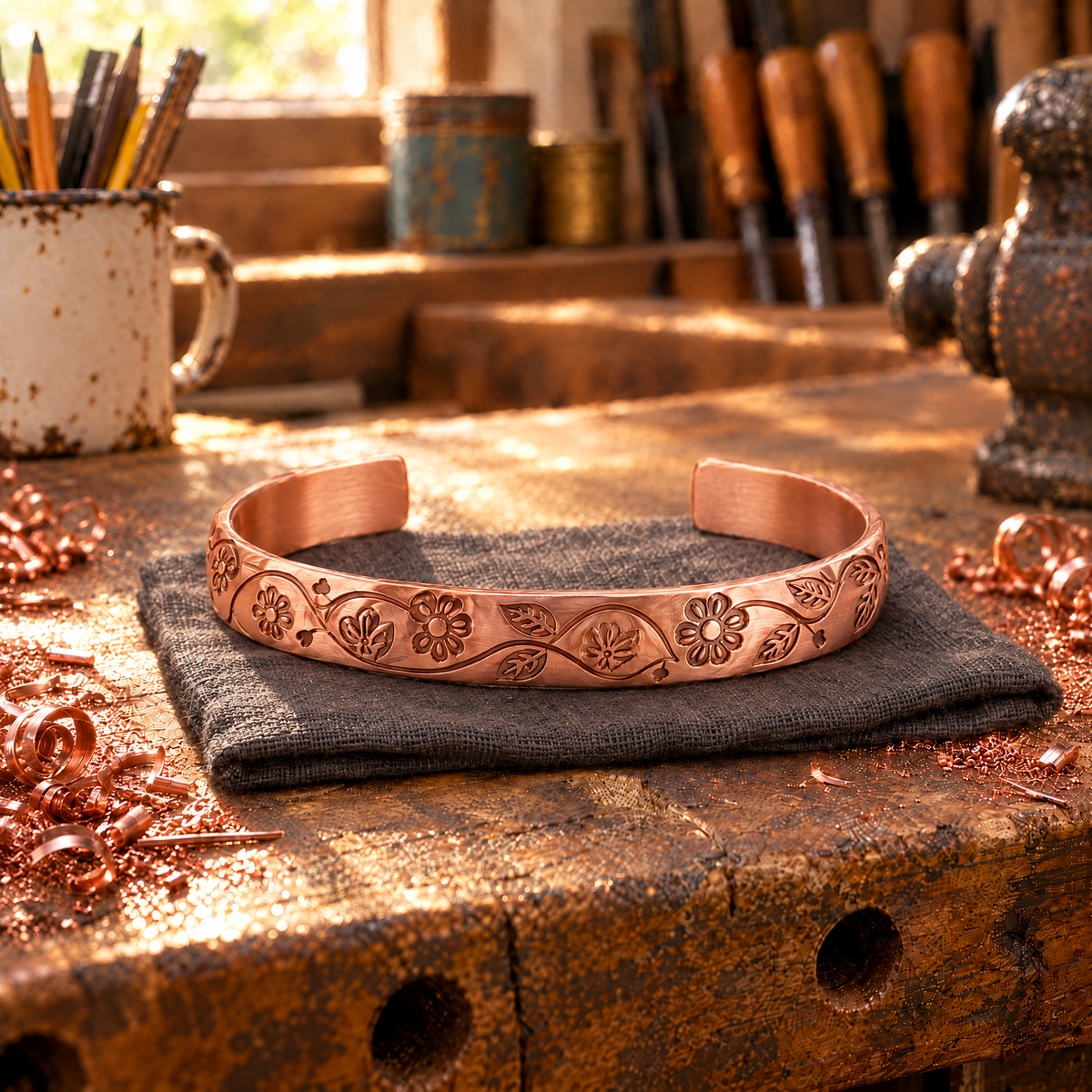 Posy Copper Cuff on a linen cloth at the workbench