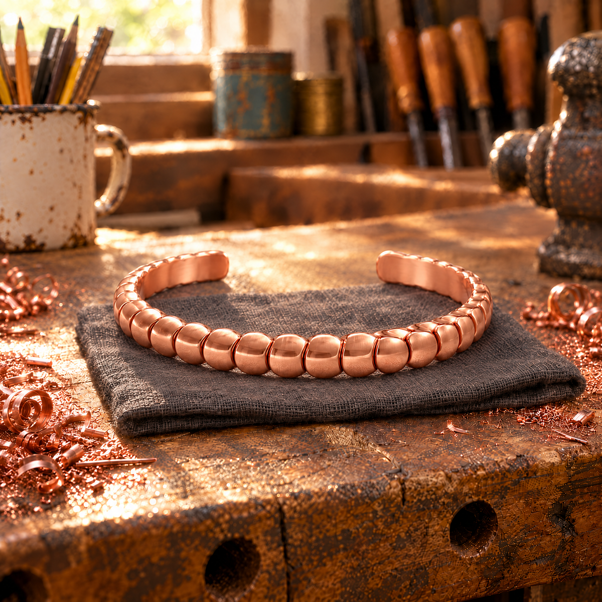 Twine Copper Cuff on a linen cloth at the workbench