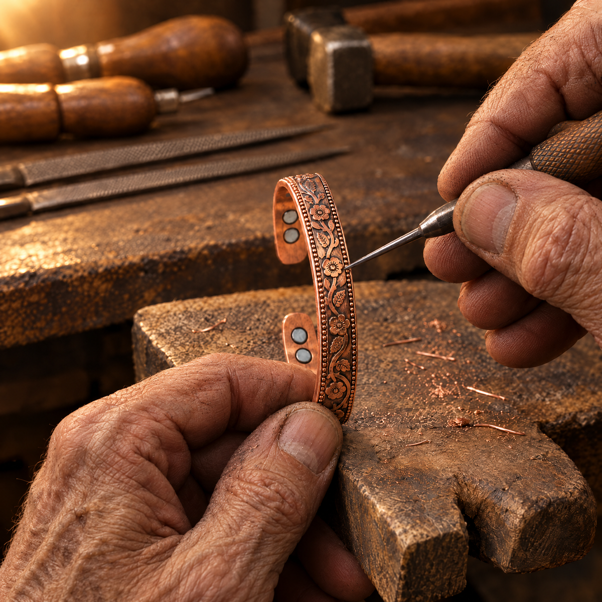Wildflower Copper Cuff at the jeweller's workbench