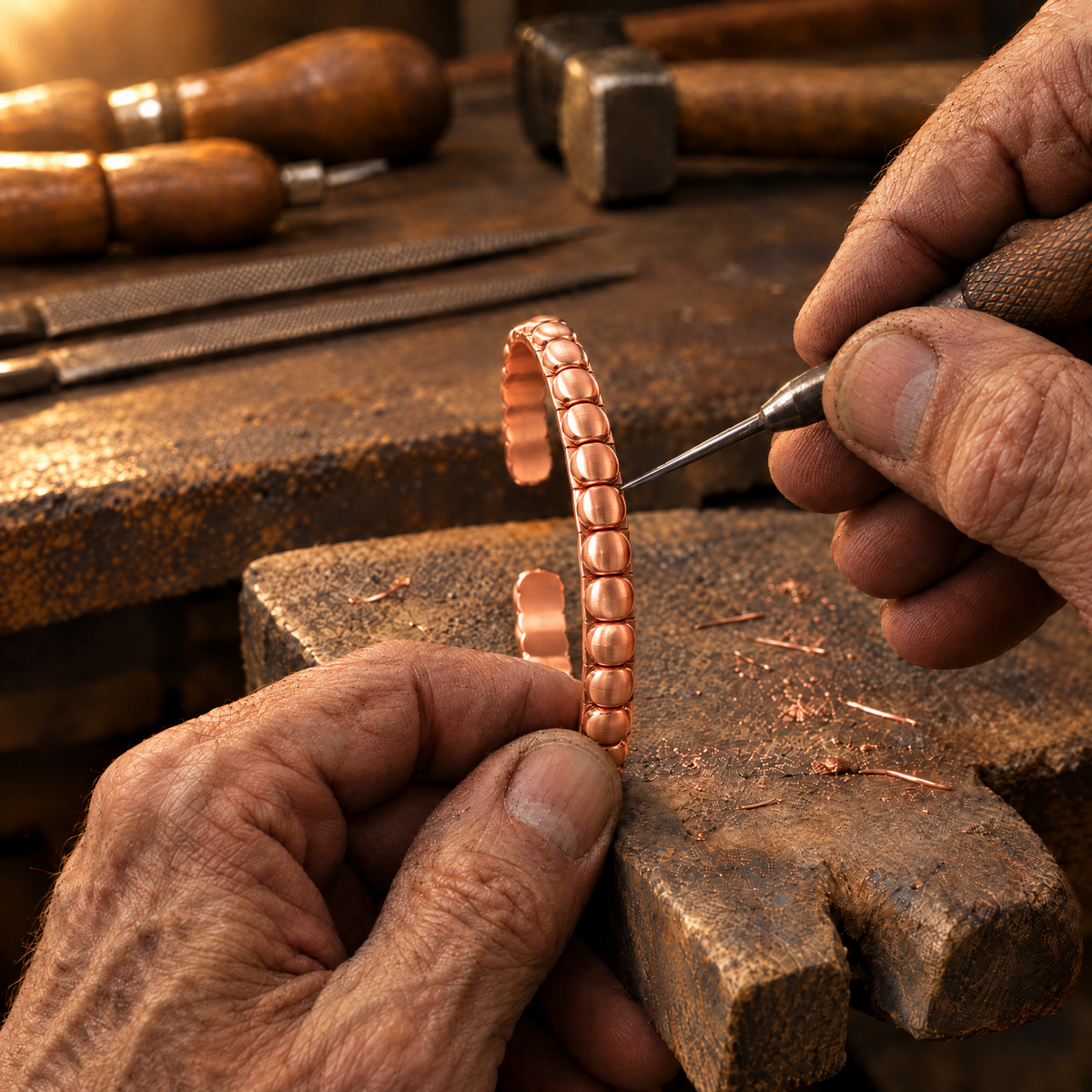 Twine Copper Cuff at the jeweller's workbench