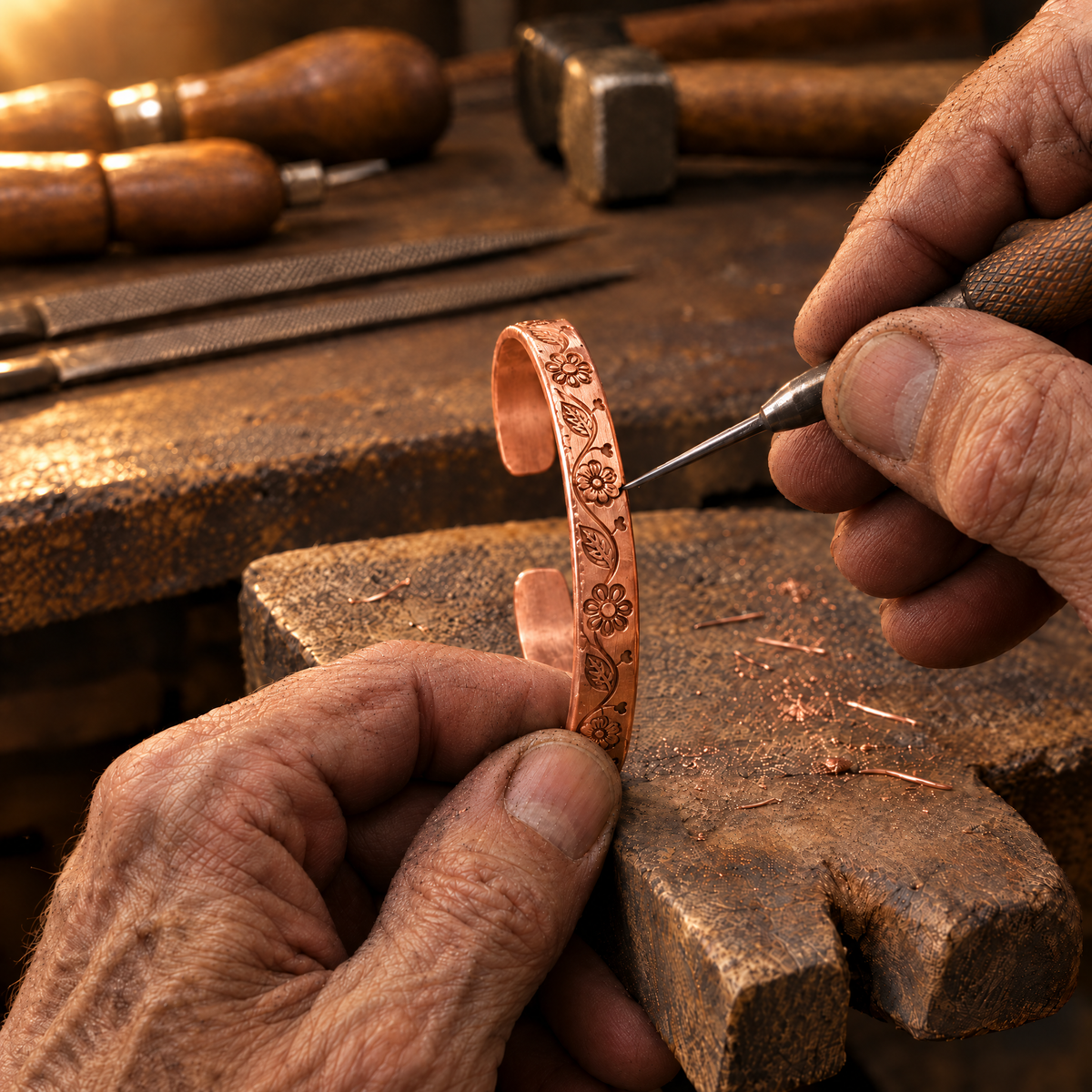 Posy Copper Cuff at the jeweller's workbench